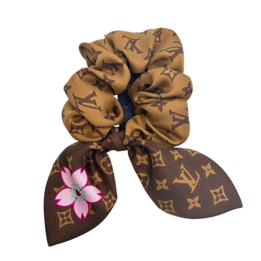 LOUIS VUITTON X Takashi Murakami Brown & Pink Silk Scrunchie Cherry Blossom Hair